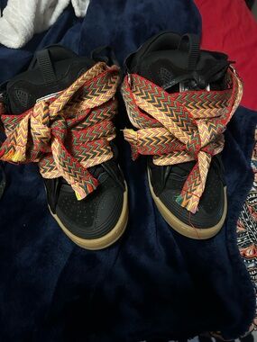 Lanvin Black Leather High-Top Sneakers with Multicolor Woven Laces